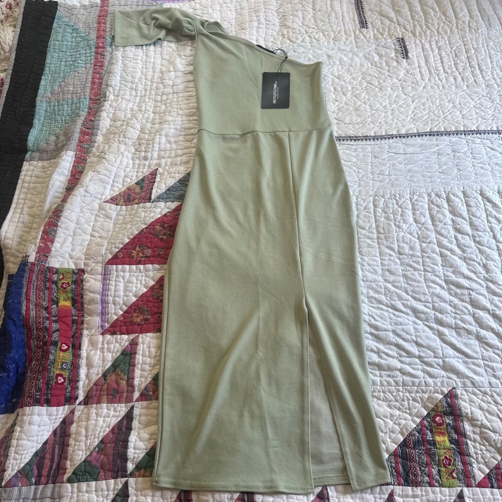 PrettyLittleThing One Shoulder Midi Dress Sage Green Bow Detail Slit Size 6